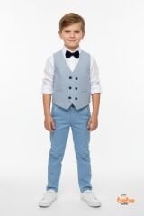 Erkek Çocuk 4’lü Smokin Takım, Gömlek Yelek Papyon ve Pantolon Şık Kombin, Davet & Özel Gün Mavi 6 YAŞ - MAVİ
