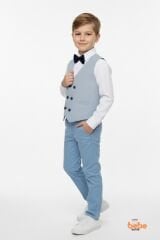 Erkek Çocuk 4’lü Smokin Takım, Gömlek Yelek Papyon ve Pantolon Şık Kombin, Davet & Özel Gün Mavi 6 YAŞ - MAVİ