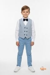 Erkek Çocuk 4’lü Smokin Takım, Gömlek Yelek Papyon ve Pantolon Şık Kombin, Davet & Özel Gün Mavi 6 YAŞ - MAVİ