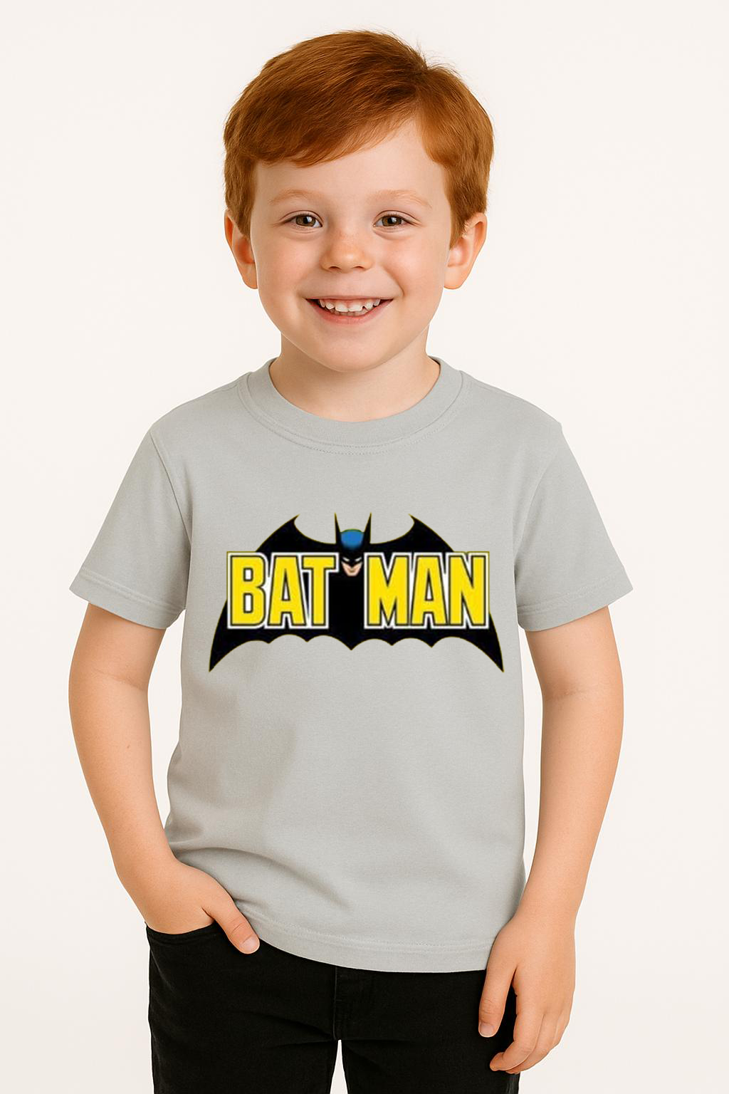 Batman Baskılı Erkek Çocuk Tişörtü - Kısa Kollu Pamuklu Yazlık Basic Süper Kahraman Tasarım Gri 3-4 Yaş