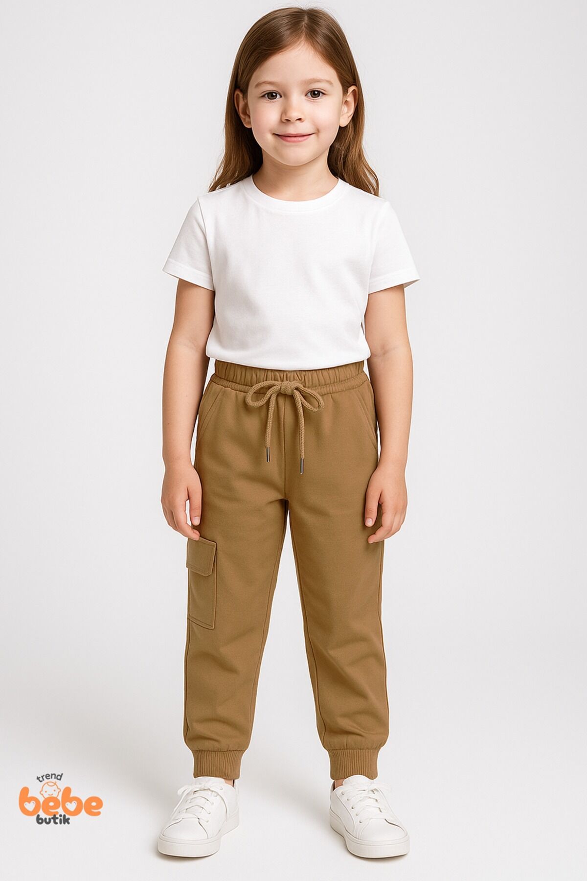 Kız Çocuk Camel Jogger Okul Eşofman Altı Kargo Cepli, Lastikli Bel, Rahat Spor Günlük Eşofman Altı 5 YAŞ