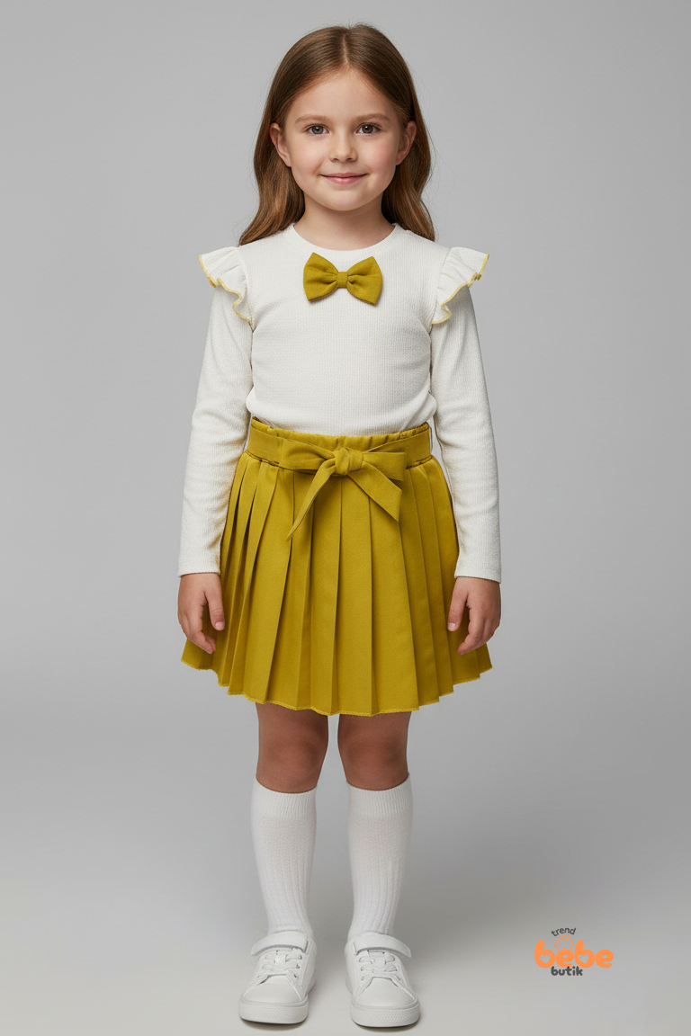 Kız Çocuk Fiyonk Detaylı Piliseli Etek ve Uzun Kollu Bluz Takım Özel Gün ve Günlük Kombin