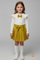 Kız Çocuk Fiyonk Detaylı Piliseli Etek ve Uzun Kollu Bluz Takım Özel Gün ve Günlük Kombin