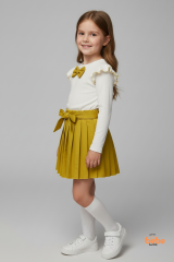 Kız Çocuk Fiyonk Detaylı Piliseli Etek ve Uzun Kollu Bluz Takım Özel Gün ve Günlük Kombin