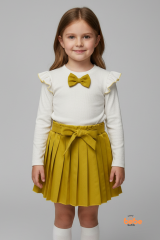 Kız Çocuk Fiyonk Detaylı Piliseli Etek ve Uzun Kollu Bluz Takım Özel Gün ve Günlük Kombin