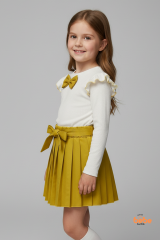 Kız Çocuk Fiyonk Detaylı Piliseli Etek ve Uzun Kollu Bluz Takım Özel Gün ve Günlük Kombin