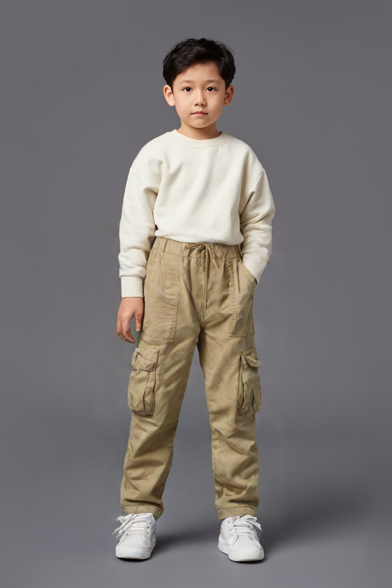 Erkek Çocuk Beli Lastikli Kargo Cepli Pelüş Polar Pantolon BEJ - 5-6 Yaş