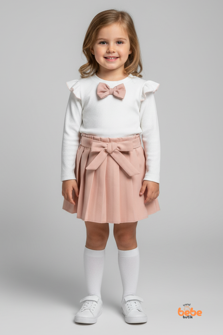 Kız Çocuk Fiyonk Detaylı Piliseli Etek ve Uzun Kollu Bluz Takım Özel Gün ve Günlük Kombin