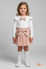 Kız Çocuk Fiyonk Detaylı Piliseli Etek ve Uzun Kollu Bluz Takım Özel Gün ve Günlük Kombin