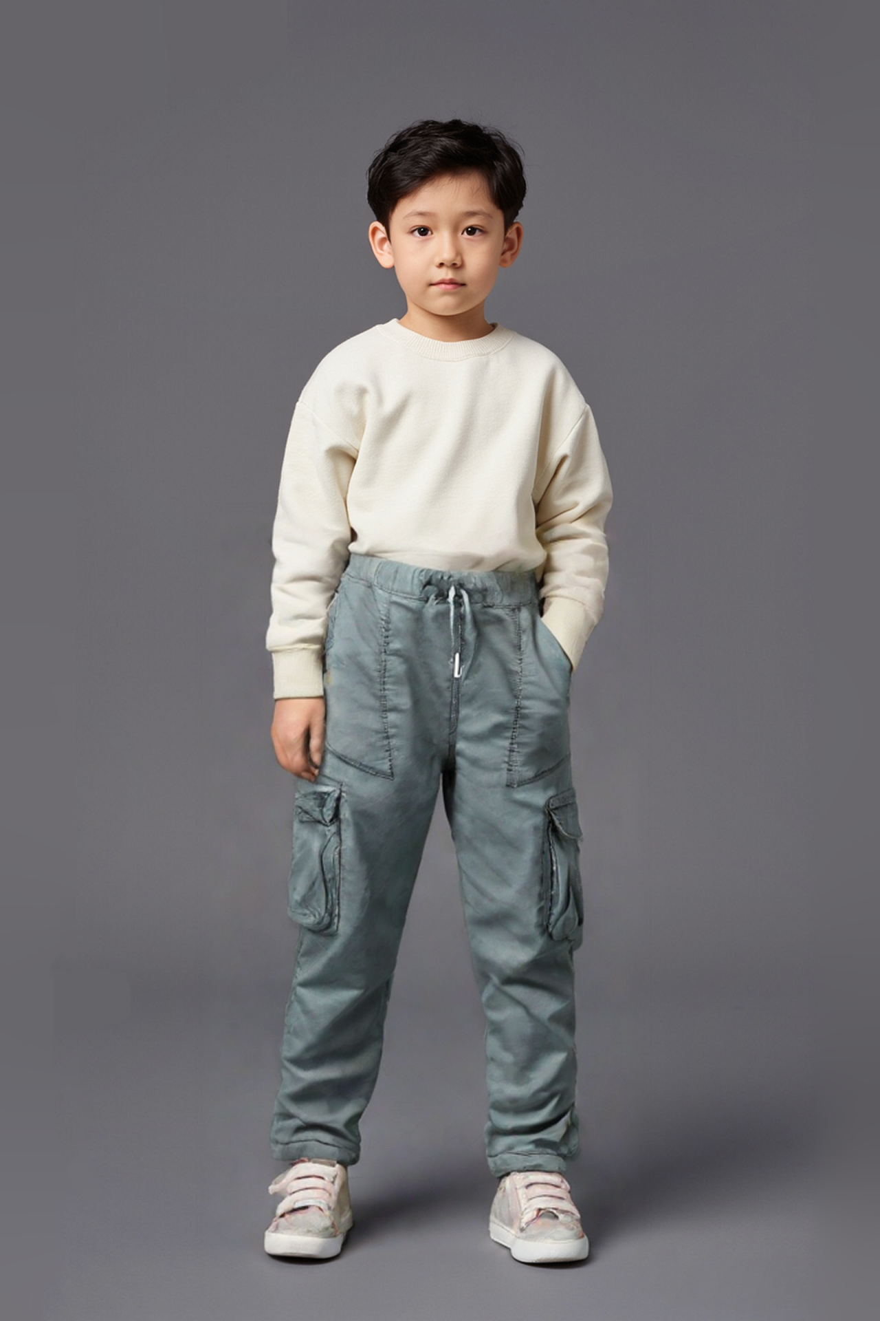 Erkek Çocuk Beli Lastikli Kargo Cepli Pelüş Polar Pantolon GRİ - 10-11 Yaş