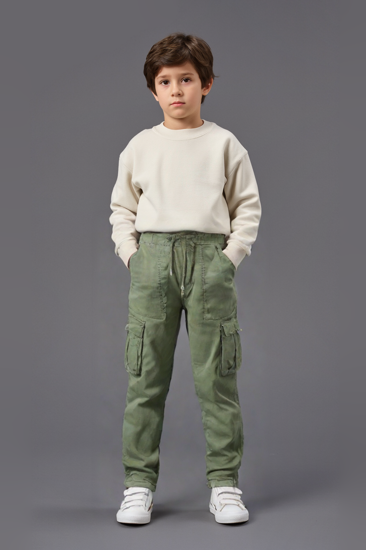 Erkek Çocuk Beli Lastikli Kargo Cepli Pelüş Polar Pantolon HAKİ - 10-11 Yaş