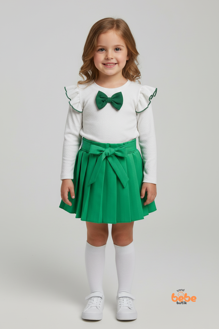 Kız Çocuk Fiyonk Detaylı Piliseli Etek ve Uzun Kollu Bluz Takım Özel Gün ve Günlük Kombin 8 YAŞ