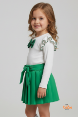 Kız Çocuk Fiyonk Detaylı Piliseli Etek ve Uzun Kollu Bluz Takım Özel Gün ve Günlük Kombin