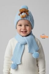 Peluş Ayıcık Detaylı Triko Bere Atkı 2’li Set Pamuklu, Yumuşak, Soğuk Geçirmez, Erkek Çocuk Kış Kombini MAVİ