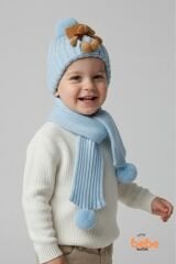 Peluş Ayıcık Detaylı Triko Bere Atkı 2’li Set Pamuklu, Yumuşak, Soğuk Geçirmez, Erkek Çocuk Kış Kombini MAVİ