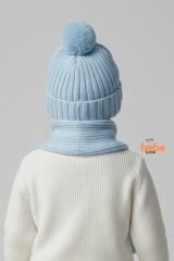 Peluş Ayıcık Detaylı Triko Bere Atkı 2’li Set Pamuklu, Yumuşak, Soğuk Geçirmez, Erkek Çocuk Kış Kombini MAVİ