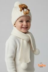 Peluş Ayıcık Detaylı Triko Bere Atkı 2’li Set Pamuklu, Yumuşak, Soğuk Geçirmez, Erkek Çocuk Kış Kombini KREM