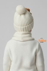 Peluş Ayıcık Detaylı Triko Bere Atkı 2’li Set Pamuklu, Yumuşak, Soğuk Geçirmez, Erkek Çocuk Kış Kombini KREM