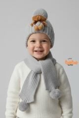 Peluş Ayıcık Detaylı Triko Bere Atkı 2’li Set Pamuklu, Yumuşak, Soğuk Geçirmez, Erkek Çocuk Kış Kombini GRİ