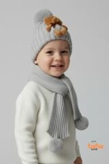 Peluş Ayıcık Detaylı Triko Bere Atkı 2’li Set Pamuklu, Yumuşak, Soğuk Geçirmez, Erkek Çocuk Kış Kombini GRİ