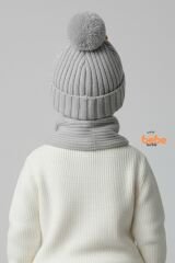 Peluş Ayıcık Detaylı Triko Bere Atkı 2’li Set Pamuklu, Yumuşak, Soğuk Geçirmez, Erkek Çocuk Kış Kombini GRİ