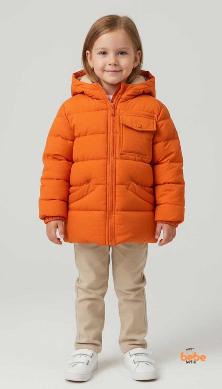 Kız Çocuk Kışlık Şişme Mont – Kürklü Kapüşonlu, Fermuarlı, Cepli Kalın Rahat Şık Mont Turuncu 8 YAŞ