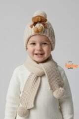 Peluş Ayıcık Detaylı Triko Bere Atkı 2’li Set Pamuklu, Yumuşak, Soğuk Geçirmez, Erkek Çocuk Kış Kombini BEJ