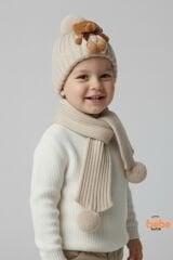 Peluş Ayıcık Detaylı Triko Bere Atkı 2’li Set Pamuklu, Yumuşak, Soğuk Geçirmez, Erkek Çocuk Kış Kombini BEJ