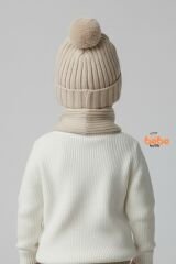 Peluş Ayıcık Detaylı Triko Bere Atkı 2’li Set Pamuklu, Yumuşak, Soğuk Geçirmez, Erkek Çocuk Kış Kombini BEJ