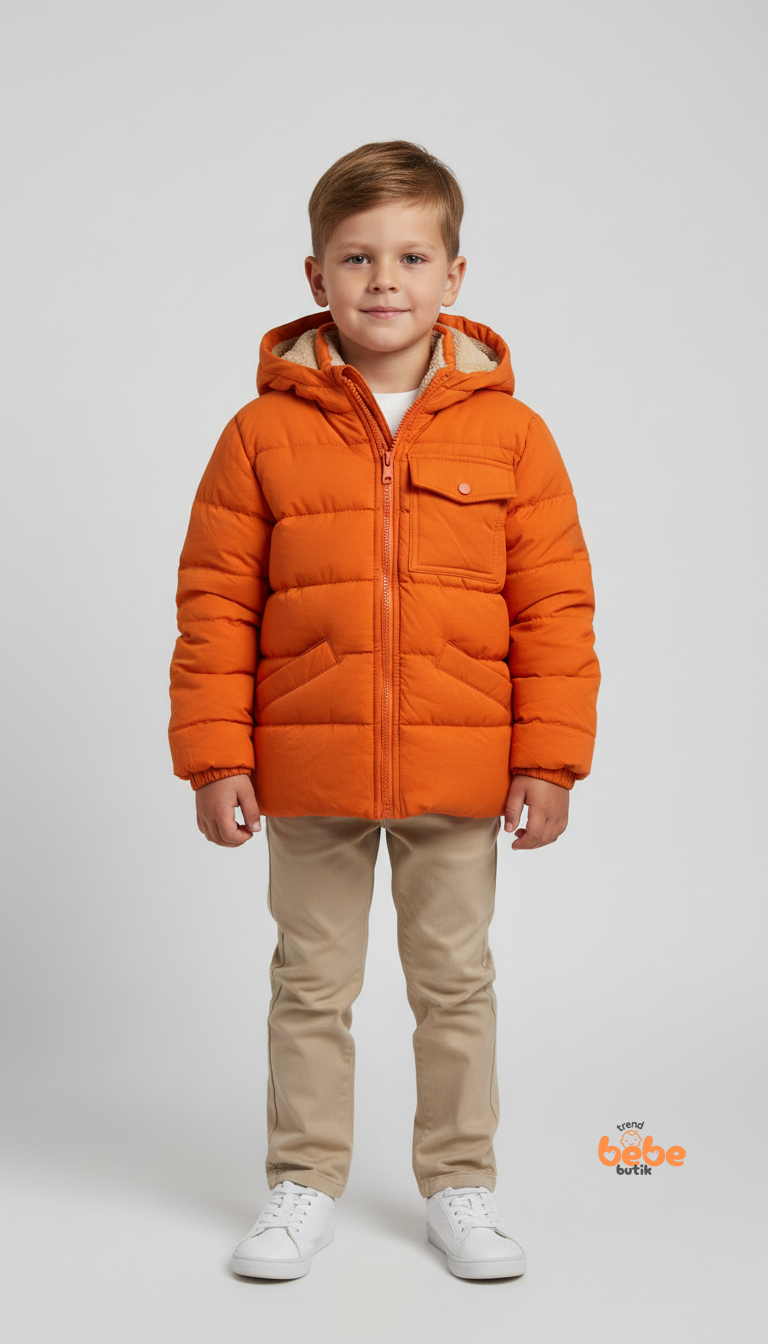 Erkek Çocuk Kışlık Şişme Mont – Kürklü Kapüşonlu, Fermuarlı, Cepli Kalın Mont Turuncu