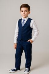 Erkek Çocuk Lacivert Takım Elbise 5 Parça Damatlık Yelekli Takım Düğün Mezuniyet Doğum Günü 11-12 Yaş