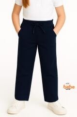 Canvas Kumaş Beli Lastikli Kız Çocuk Okul Pantolonu Ribanalı Bel, Günlük & Okul Kullanımı Pantolon LACİVERT - 14 YAŞ