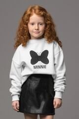 Kız Çocuk 2'Li Takım Deri Şort Etek ve Minnie Temalı Pamuklu Beyaz Sweatshirt Şık Deri Şortlu Kombin 3-4 Yaş