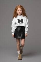 Kız Çocuk 2'Li Takım Deri Şort Etek ve Minnie Temalı Pamuklu Beyaz Sweatshirt Şık Deri Şortlu Kombin 3-4 Yaş