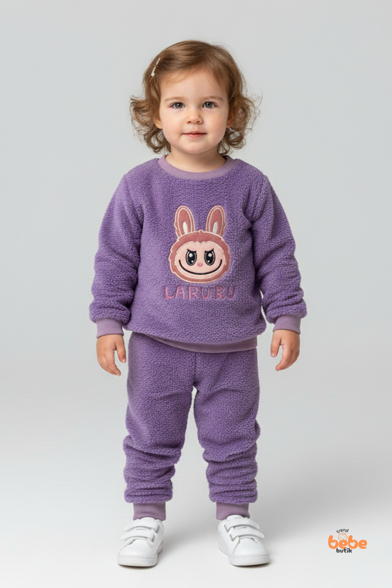 Kız Çocuk Labubu Karakter Nakışlı Peluş Polar Pijama Takımı | Kışlık 2’li Ev Giyim Seti