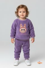 Kız Çocuk Labubu Karakter Nakışlı Peluş Polar Pijama Takımı | Kışlık 2’li Ev Giyim Seti